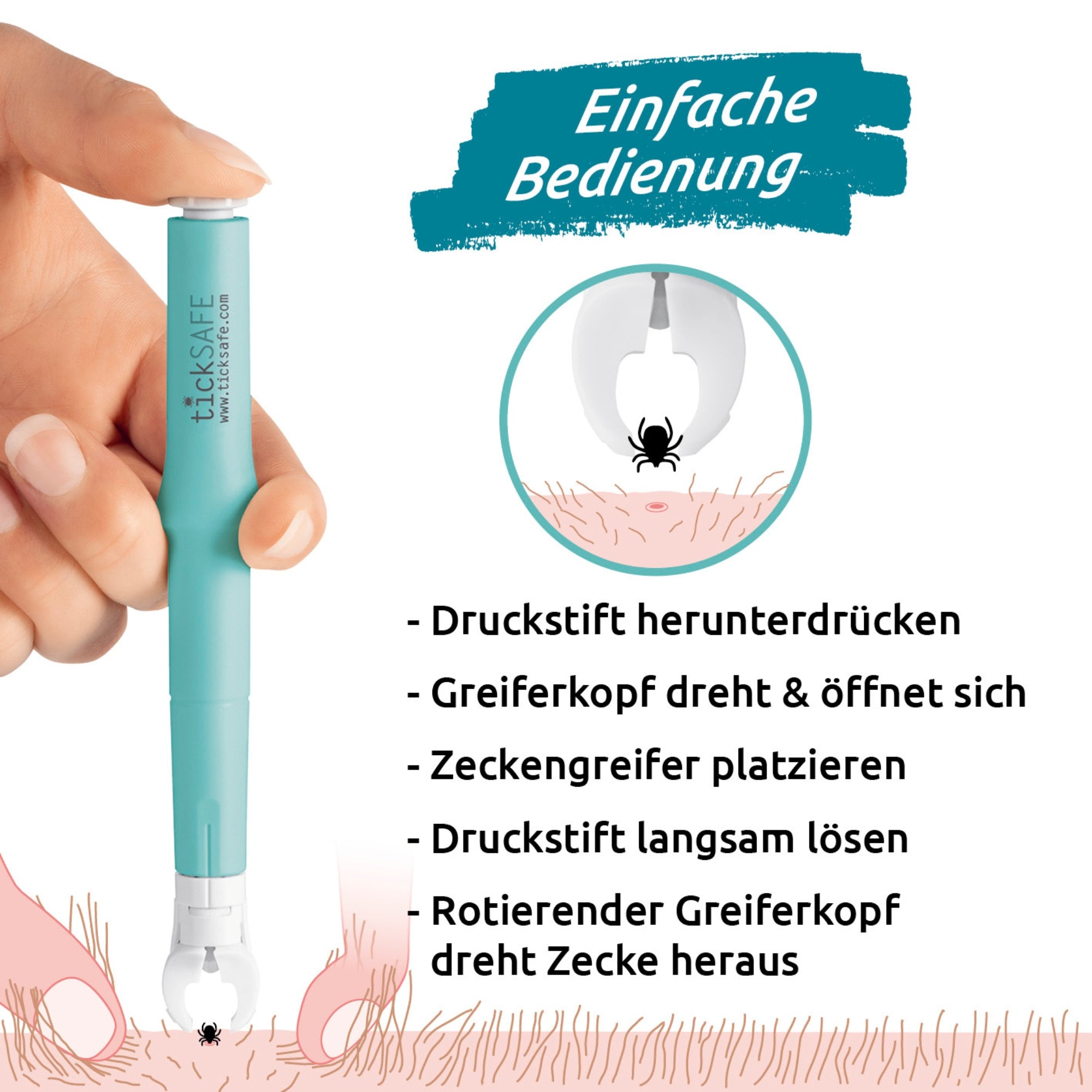 Es ist ein Stück Haut mit Fell von einem Tier zu sehen worin sich eine Zecke verhakt hat und versucht wird mit einer Zeckenzange heraus zu holen. Neben dem Schaubild ist eine Bedienungsanleitung sowie ein Bild mit einer Zecke die in der Zange ist.