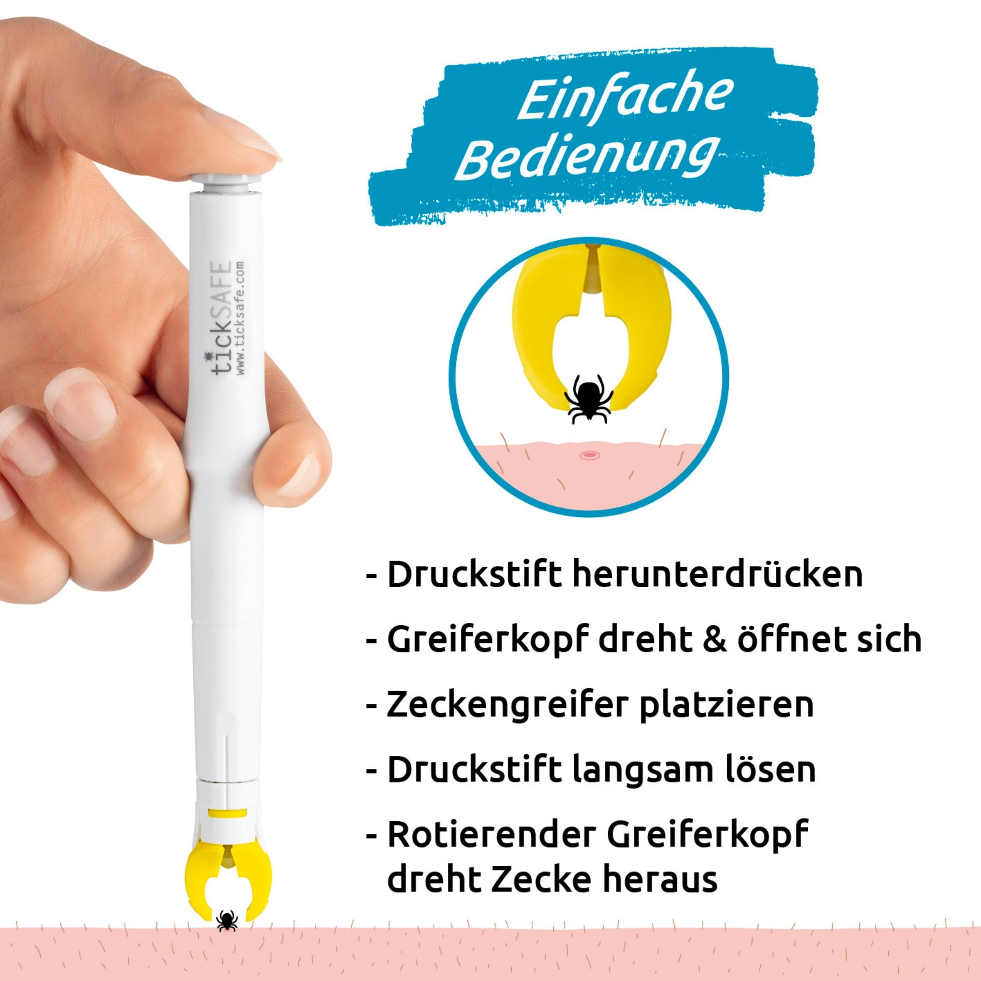 Es ist ein Stück Haut von einem Menschen zu sehen worin sich eine Zecke verhakt hat und versucht wird mit einer Zeckenzange heraus zu holen. Neben dem Schaubild ist eine Bedienungsanleitung sowie ein Bild mit einer Zecke die in der Zange ist.