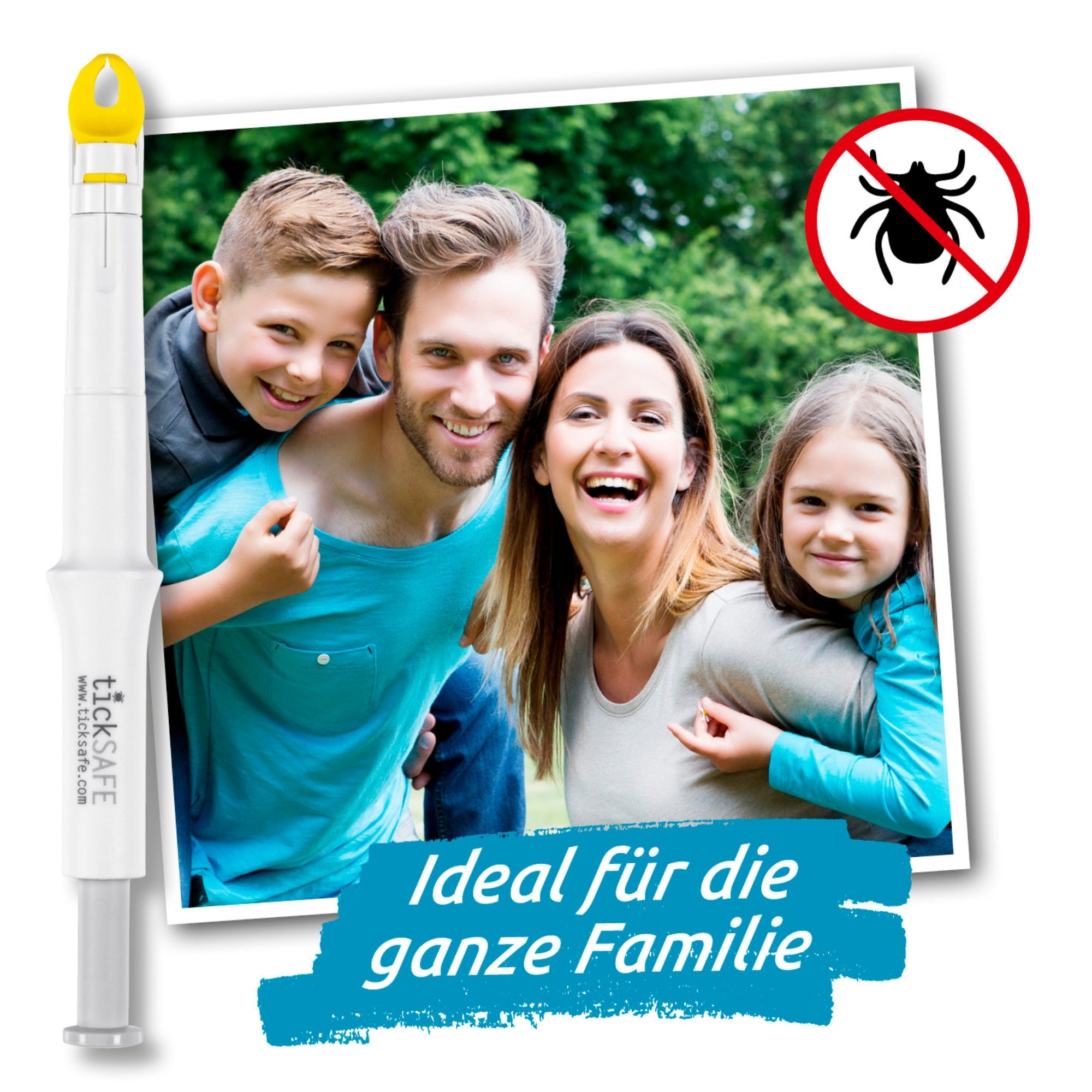 Ein Bild mit einer Familie die lacht und auf dem Bild ist eine Zecke welche rot durchgestrichen ist, sowie daneben eine Zeckenzange.