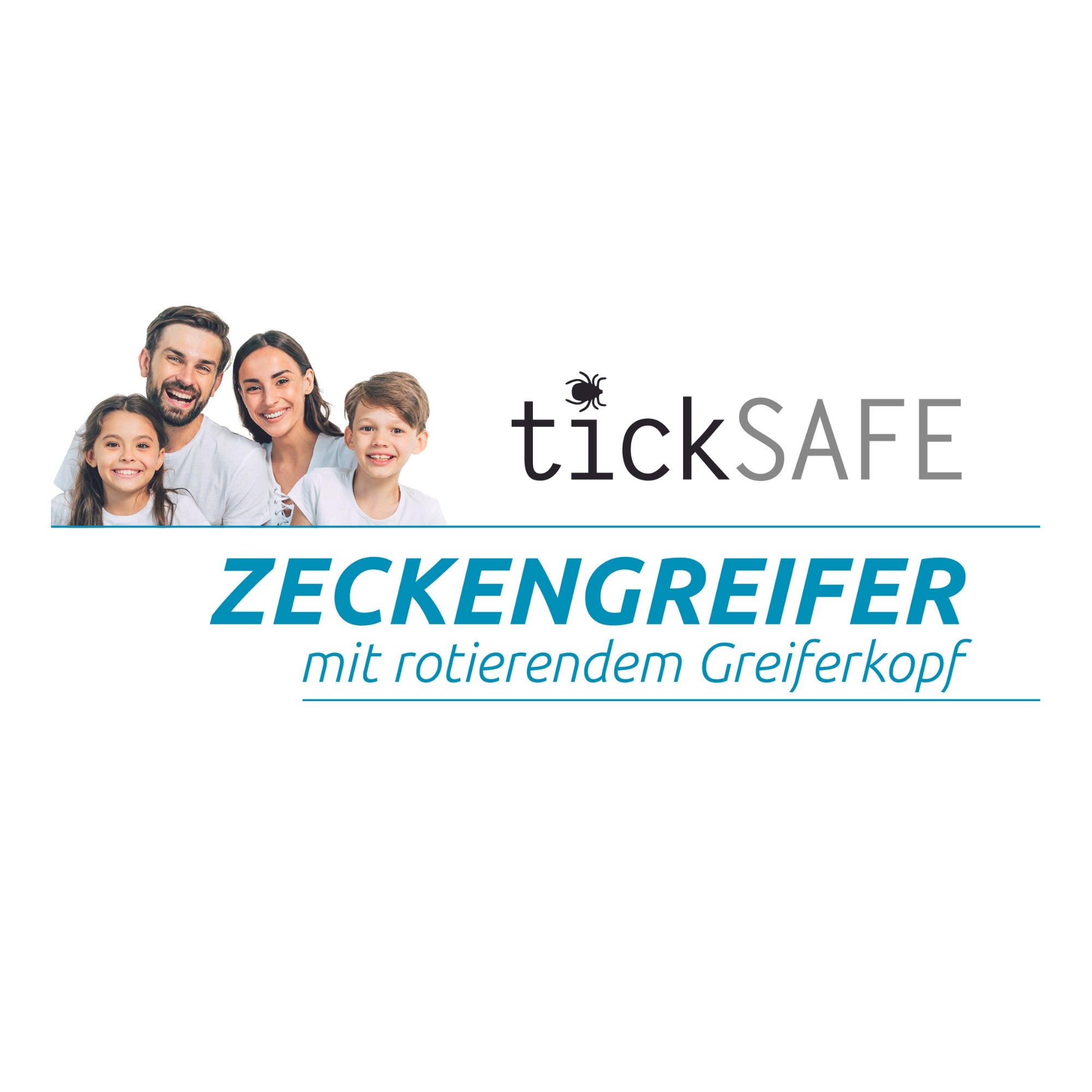 Es ist das Logo des Herstellers der Zeckenzange zu sehen, diese heißt "tickSAFE-Zeckengreifer-mit rotierendem Greiferkopf".